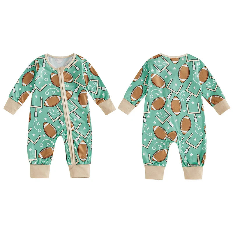 Baby Boy Long Sleeve Romper Football Print Front Zipper Jumpsuit Fall
