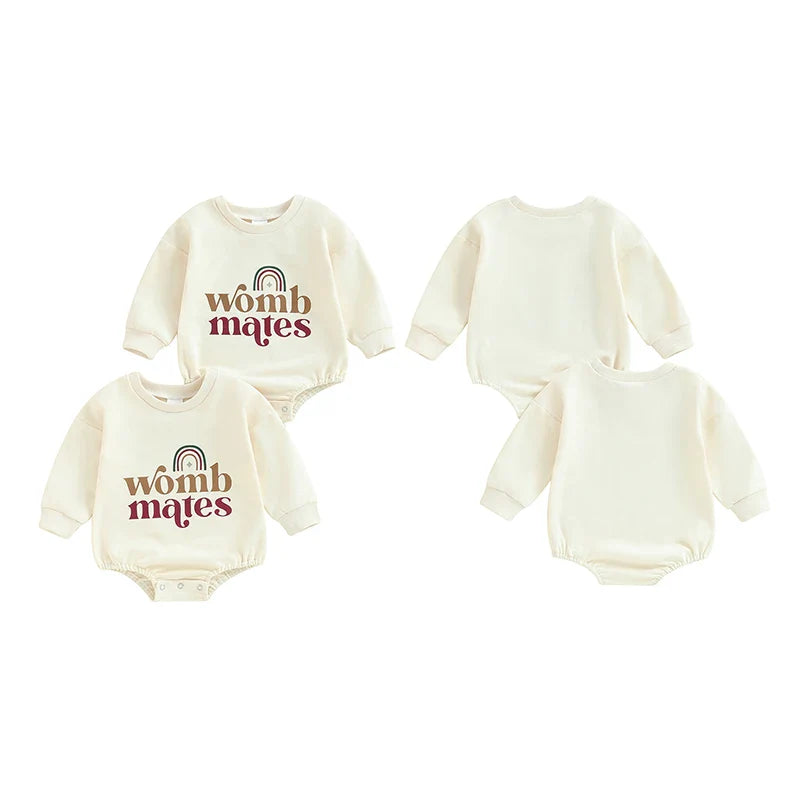 Baby Girls Boys 2Pcs Womb Mates Bubble Rompers Twins Clothes Rainbow Letter Print Long Sleeve Bodysuits