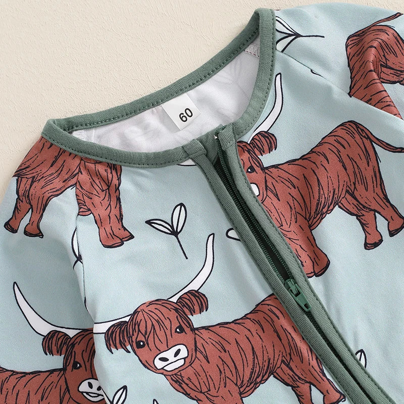 Baby Girls Boys Highland Cow Romper Print Long Sleeve Zipper Jumpsuit Fall Bodysuit