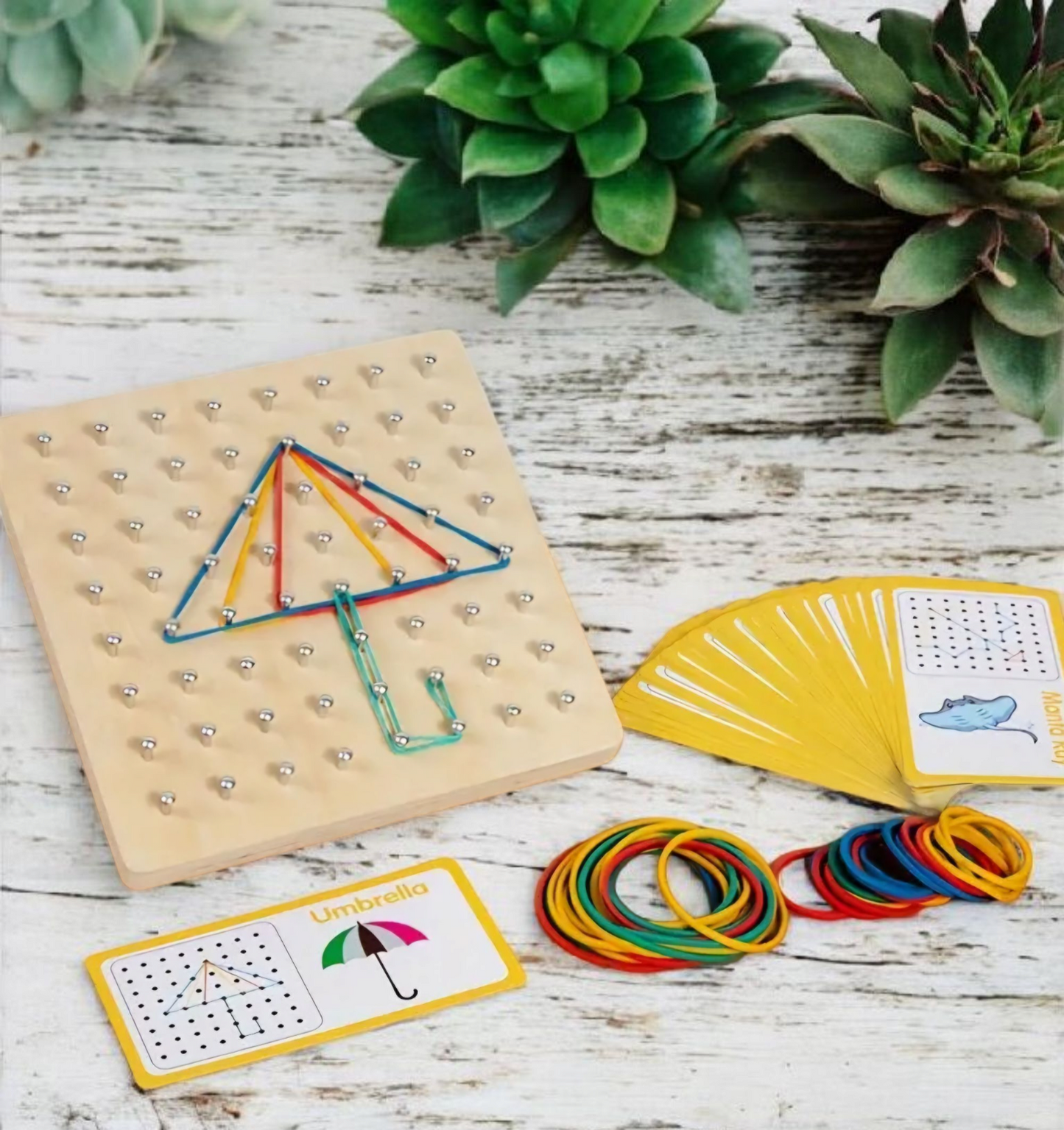 Wooden Geoboard with Rubber Bands