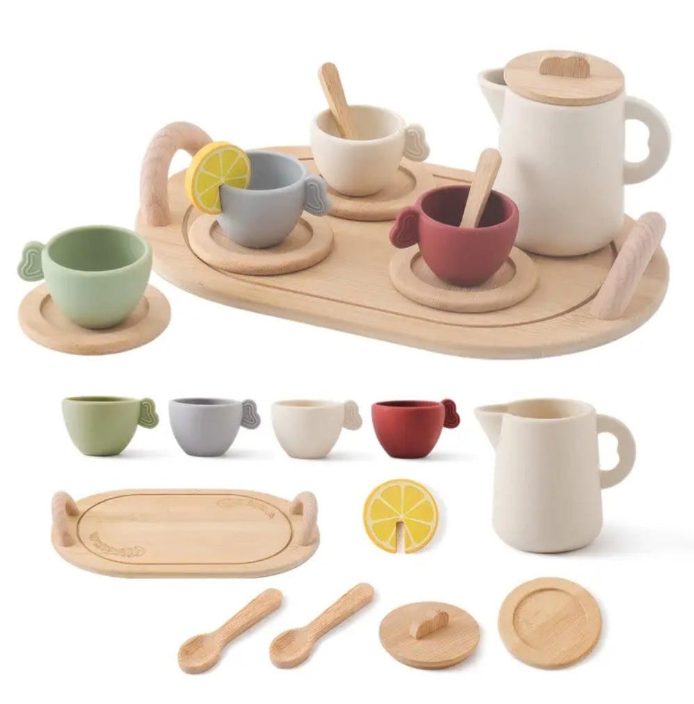Top Seller! Enchanting Wooden Tea Party Set – Silicone Teapot, Cups & Accessories for Pretend Play