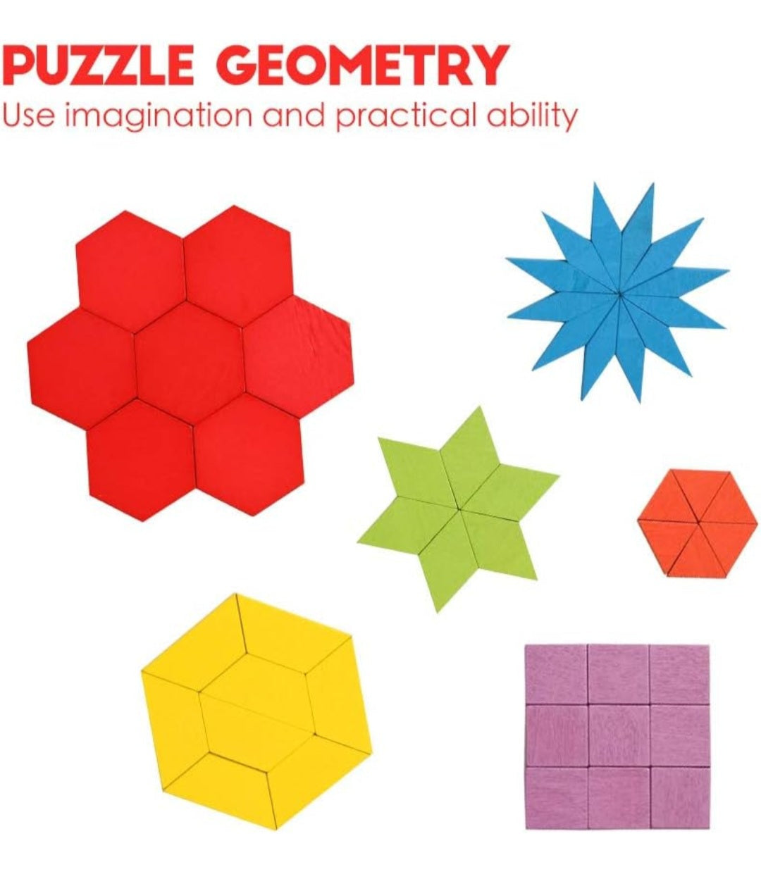 155-Piece Wooden Pattern Blocks Set – Montessori Geometric Puzzle with 24 Design Cards
