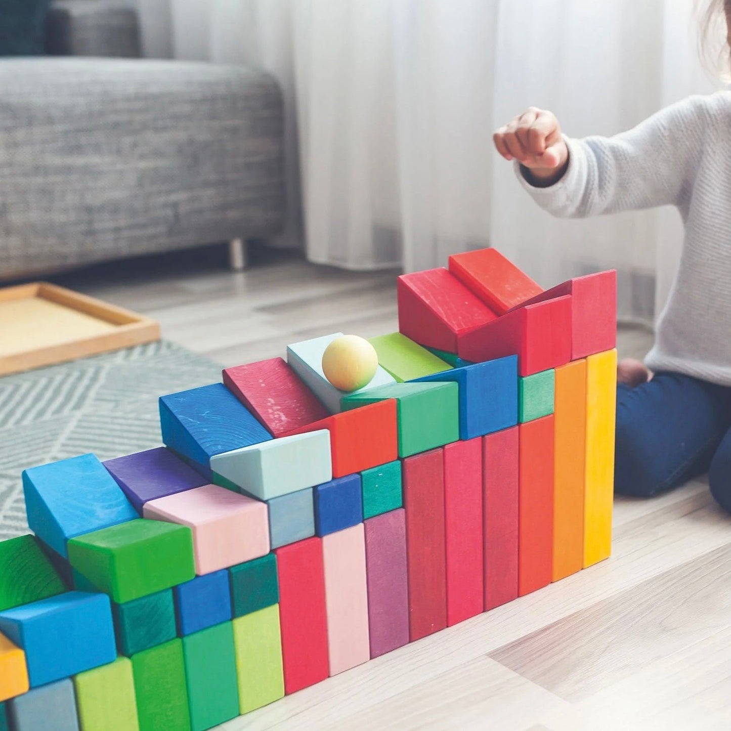 **Pre-order (Ships in 2-3 Weeks)**30 Pcs STAINED Wooden Sloping Blocks in Primary Rainbow Colors with Storage Tray
