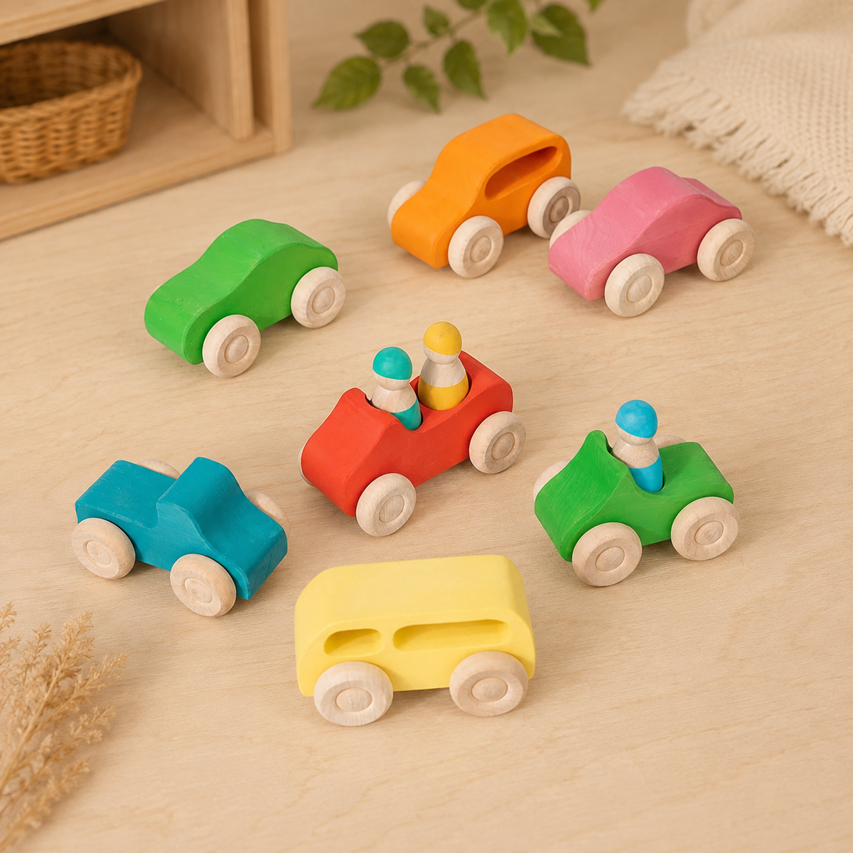 Rainbow Wooden Vehicle & Peg People Set – 10 Pieces