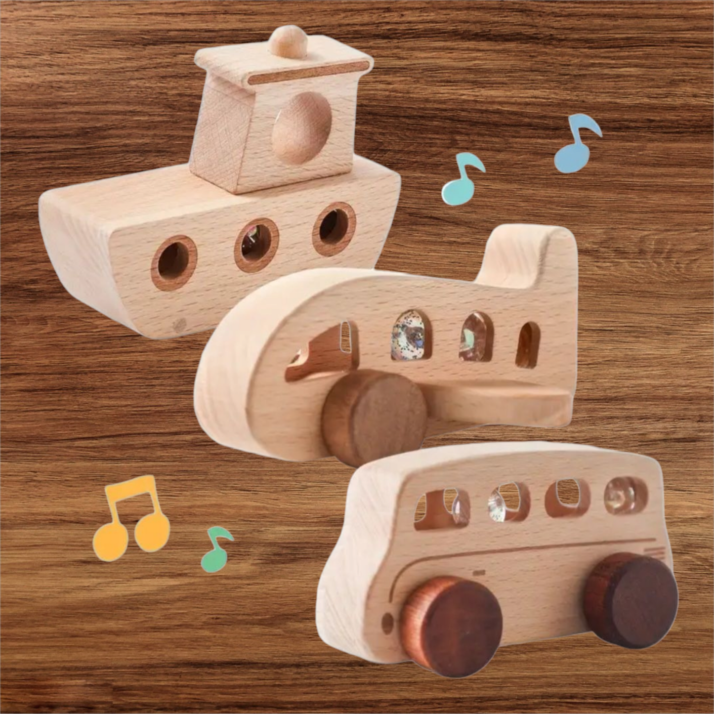 3-Piece Wooden Vehicle Toy Set – Car, Boat & Airplane
