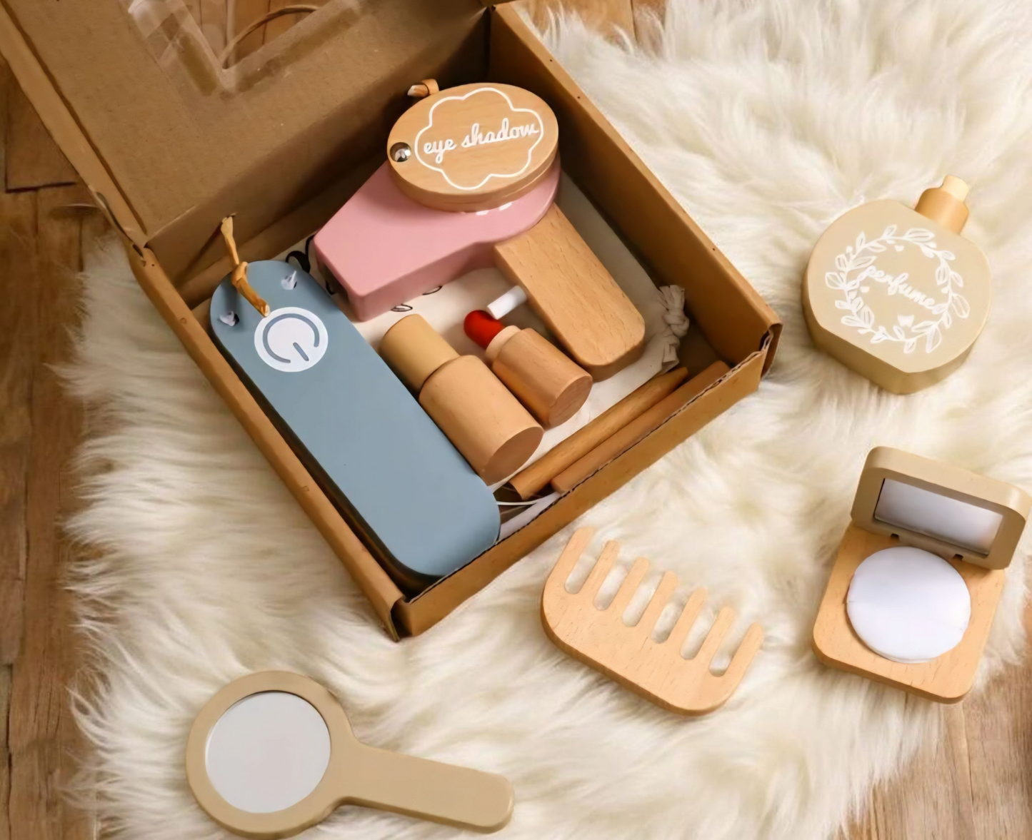 Natural Wooden Makeup Toy Set – 13-Piece Pretend Play Beauty Kit for Kids