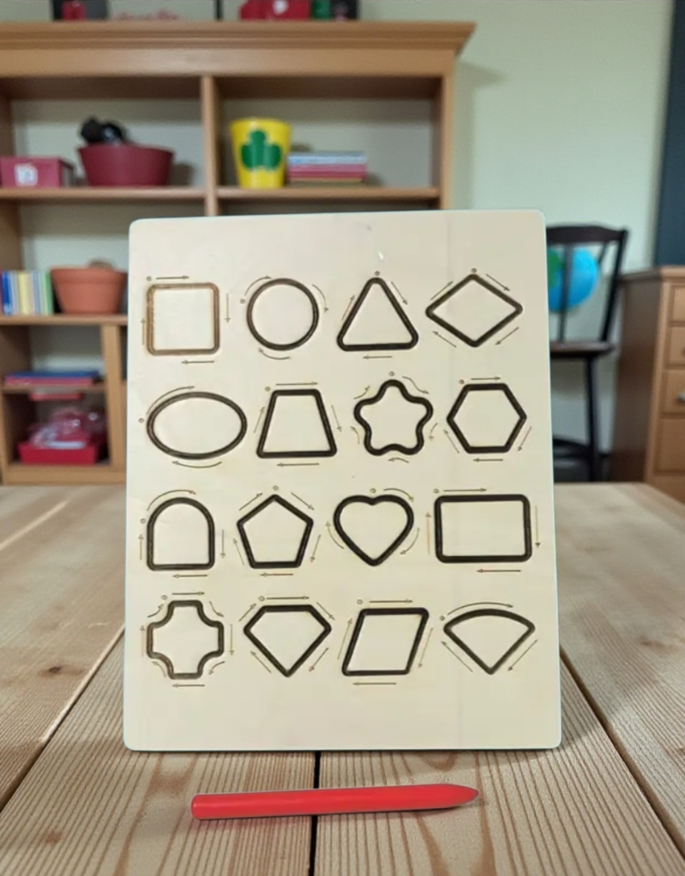 Wooden Tracing Board.- Double-Sided Montessori Handwriting Practice Upper/Lower Alphabet, Numbers, Shapes