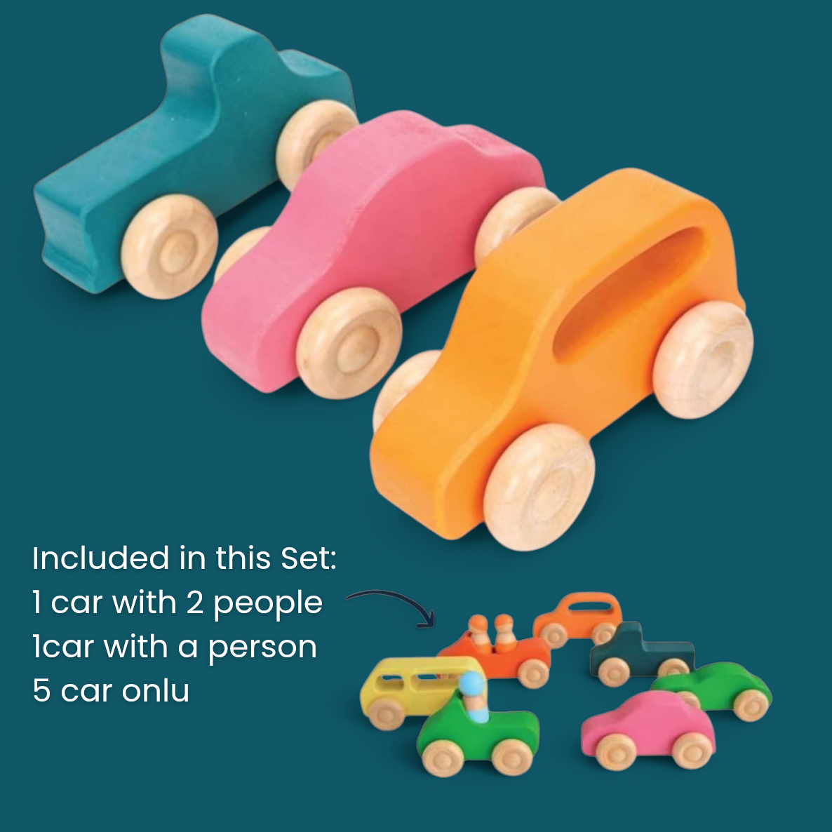Wooden Peg Doll Cars – 10-Piece Set with Peg People