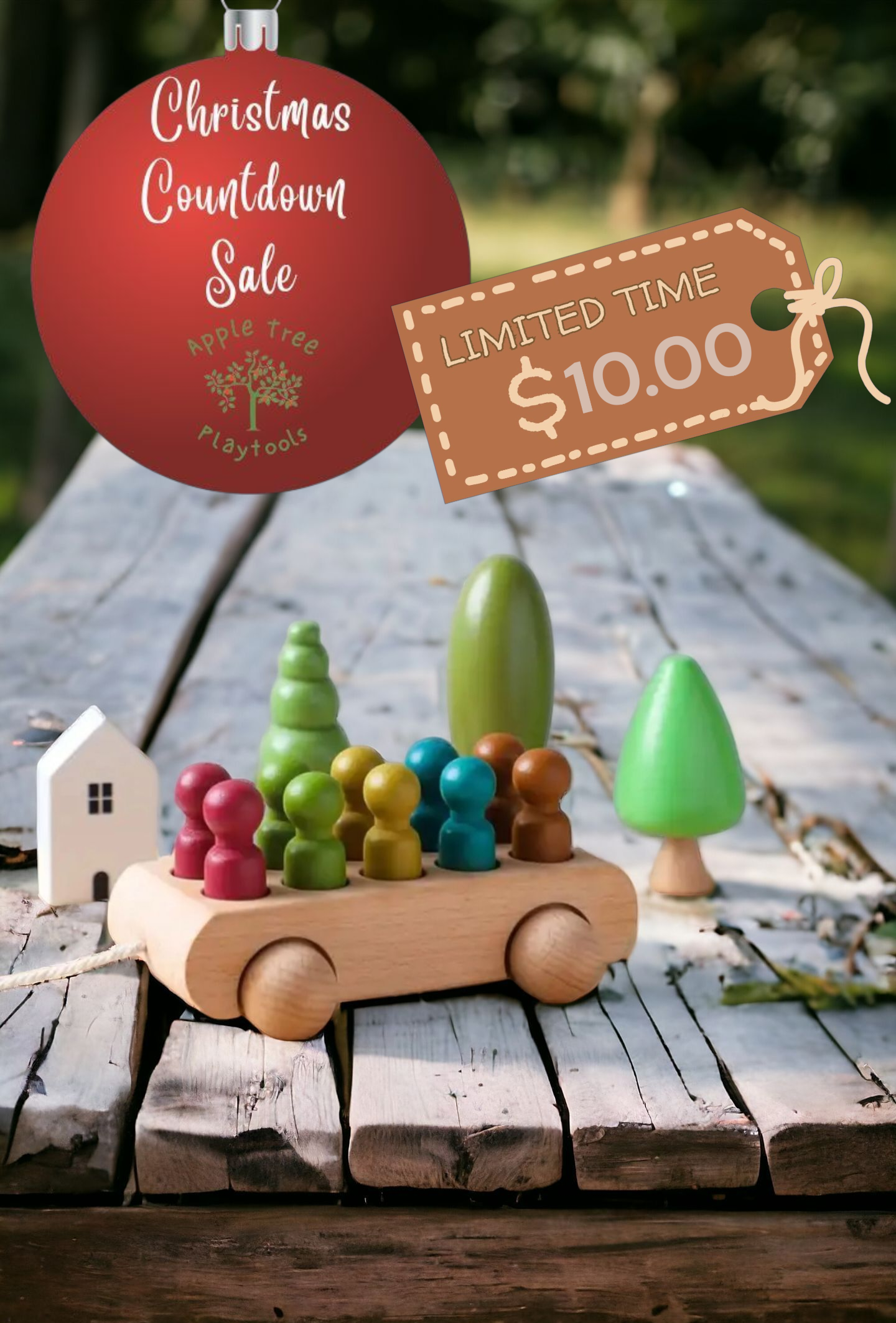 Christmas Countdown Sale Price! 🎄 10 Wooden Peg Dolls and Pull Cart