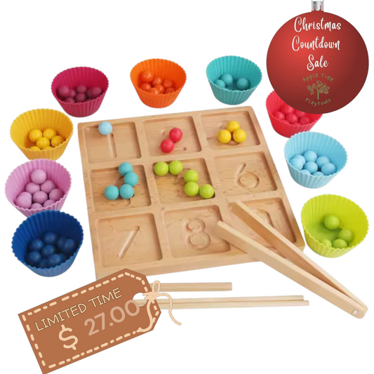 Christmas Countdown Sale Price! Montessori Wooden Counting Board – 123 Number Tray with Color Sorting Balls