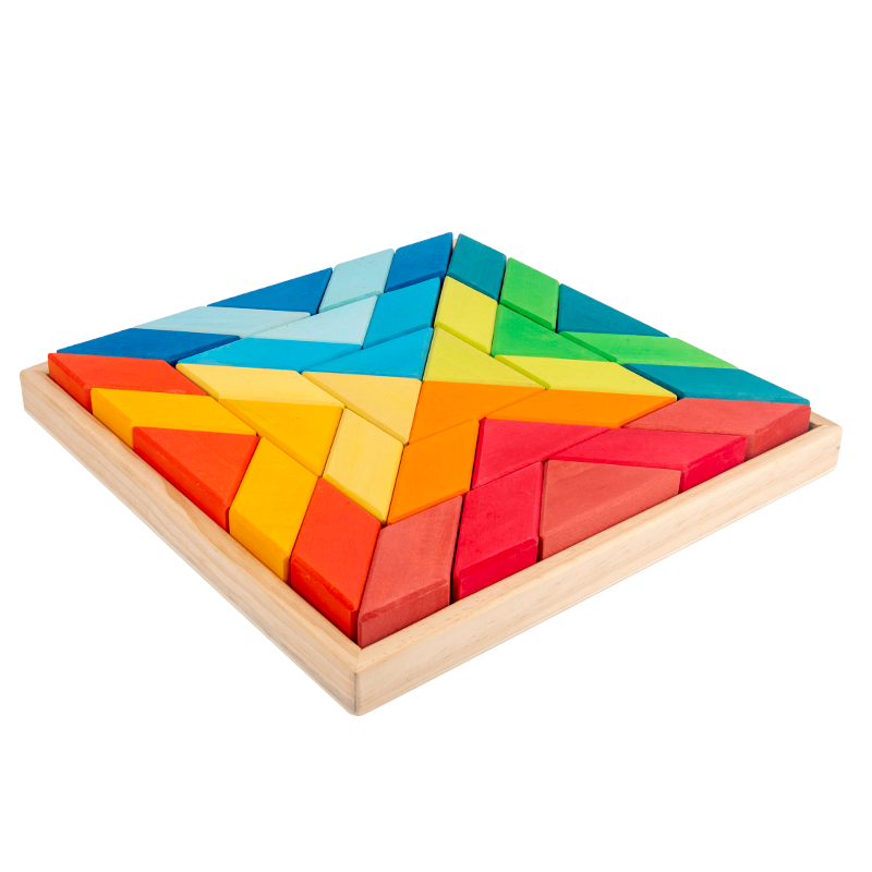 36 Pcs STAINED Large Rainbow Square Indian Puzzle Blocks with Storage Tray
