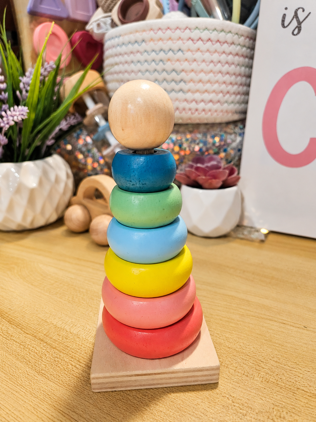 Primary or Pastel Wooden Rainbow Stacker – Classic Educational Toy for Ages 2+