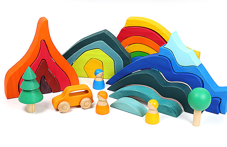 Large STAINED Four Elements Wooden Stacking Puzzles Building Blocks