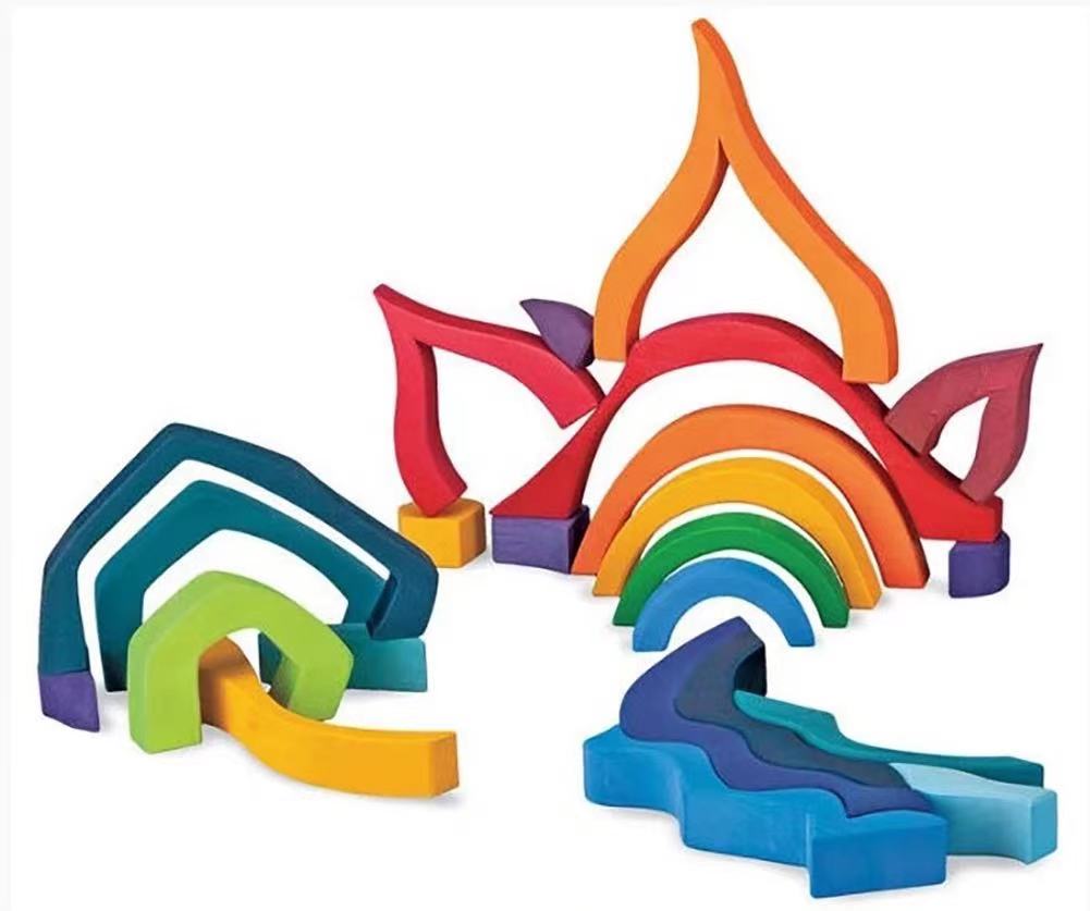 Large STAINED Four Elements Wooden Stacking Puzzles Building Blocks