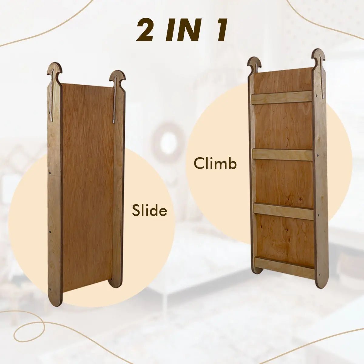 3in1 Montessori Climbing Set: Triangle Ladder + Slide Board + Net – Chocolate