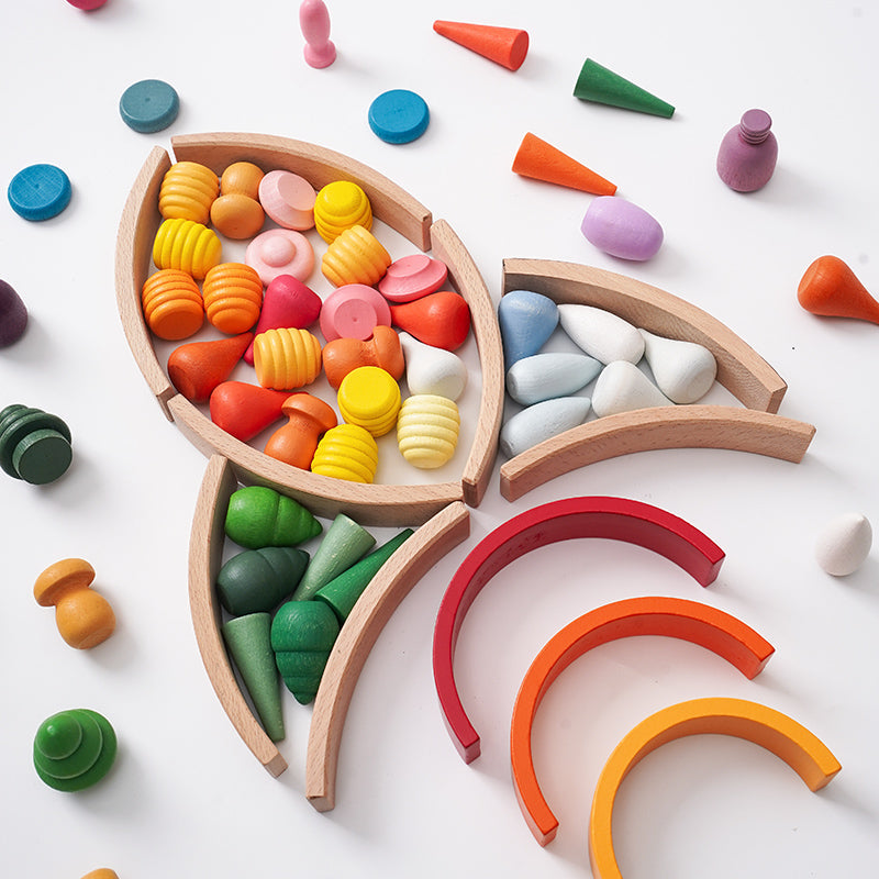 NEW 252 Pcs Mandala Loose Parts with Mini Rainbow and Mini Natural Wooden Building Blocks Play Set