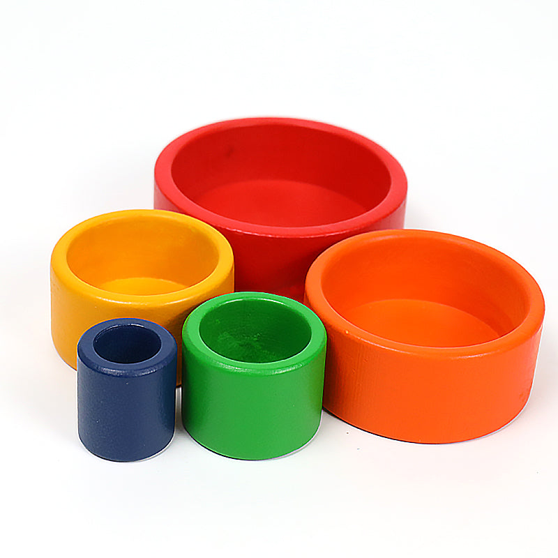 5 Pcs Wooden Stacking Nesting Cup Bowl Set in Primary Rainbow Color