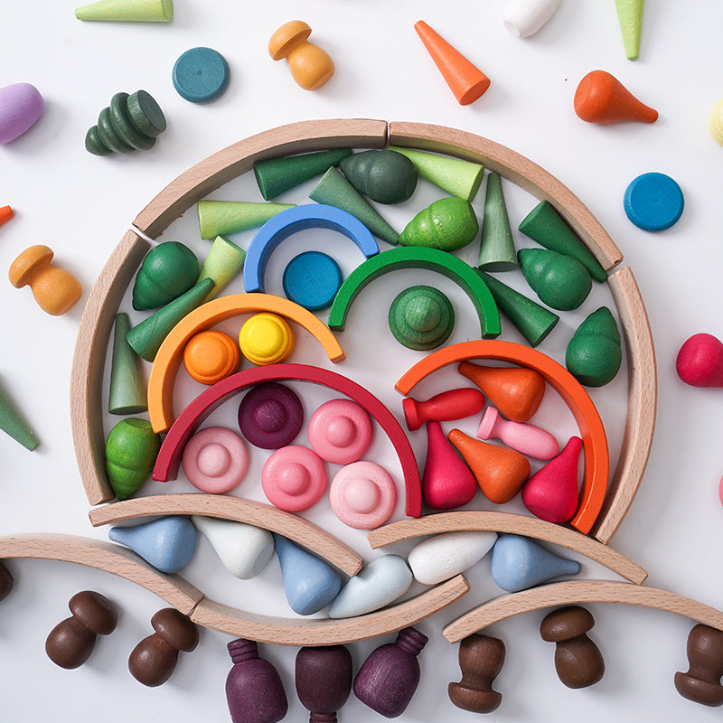 NEW 252 Pcs Mandala Loose Parts with Mini Rainbow and Mini Natural Wooden Building Blocks Play Set