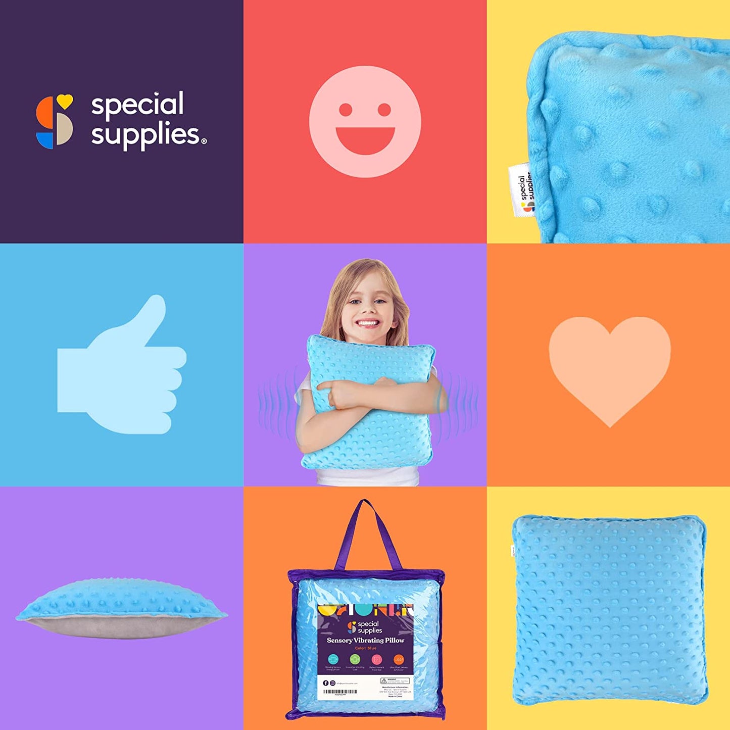 Sensory Vibrating Pillow – Pressure-Activated Calming Support for Kids & Adults, 12” Plush with Textured Bumps, 3 Vibration Modes, Music & Voice Recording (Blue)