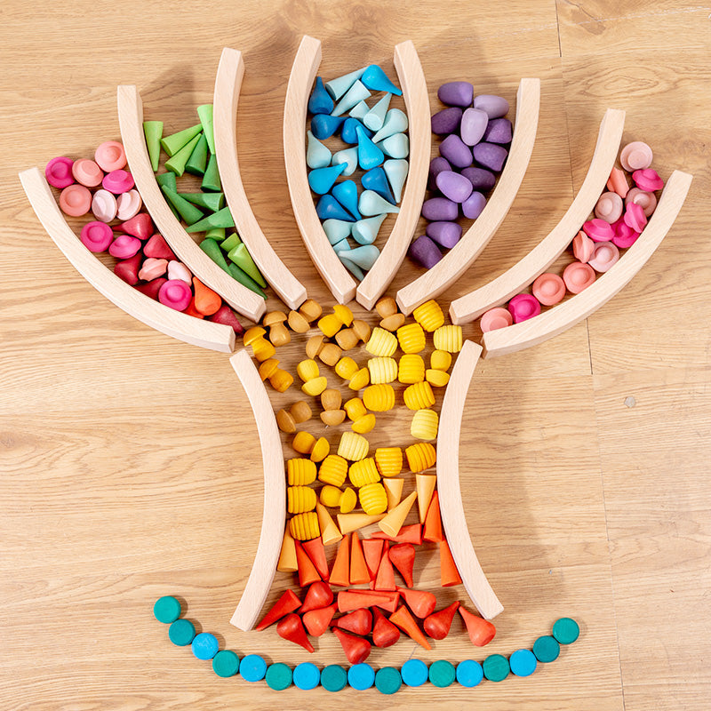 42-Piece Combination Set – 12 Large & 30 Mini Curved Natural Wooden Building Blocks