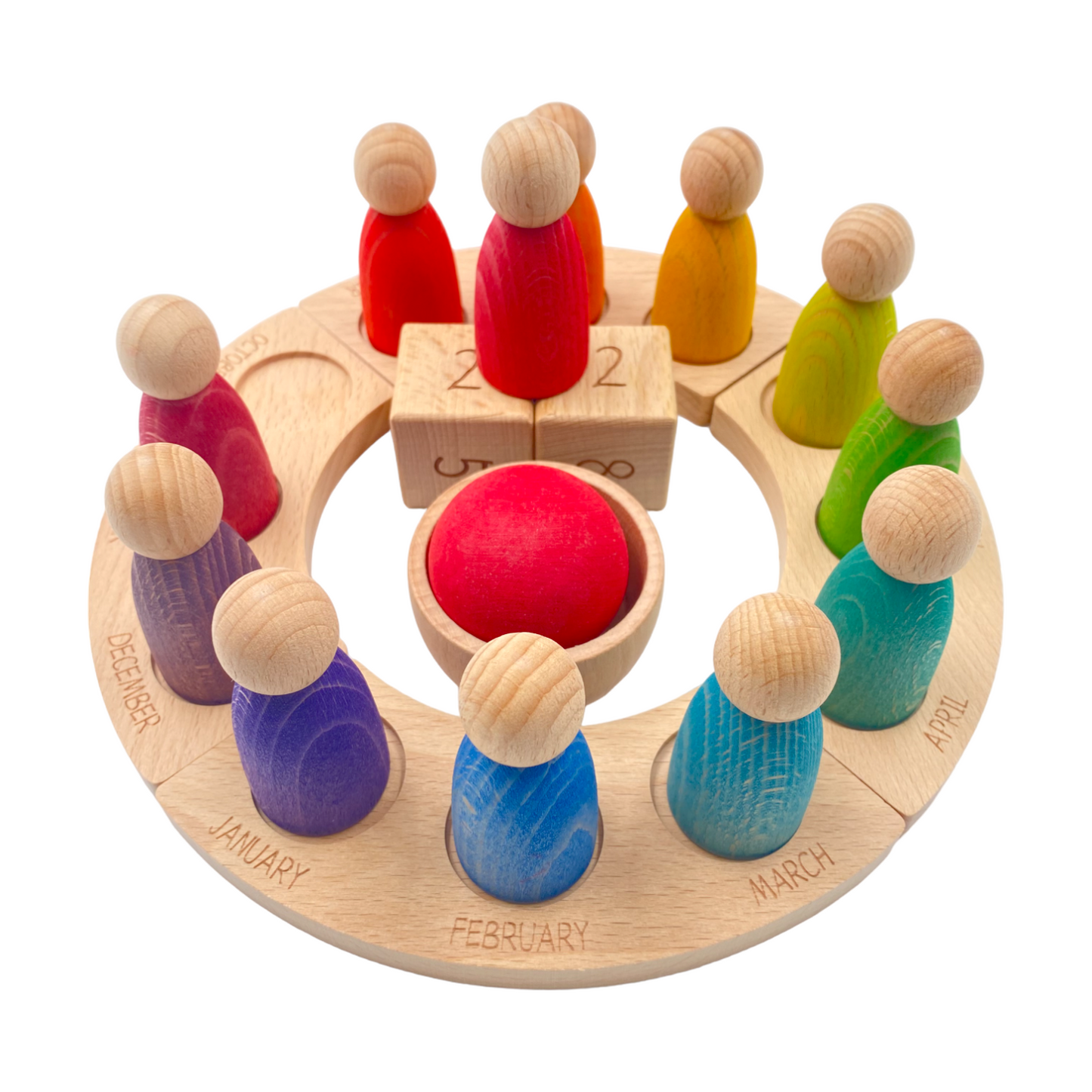 Wooden Perpetual Calendar with 12 Stained Rainbow Peg Figures