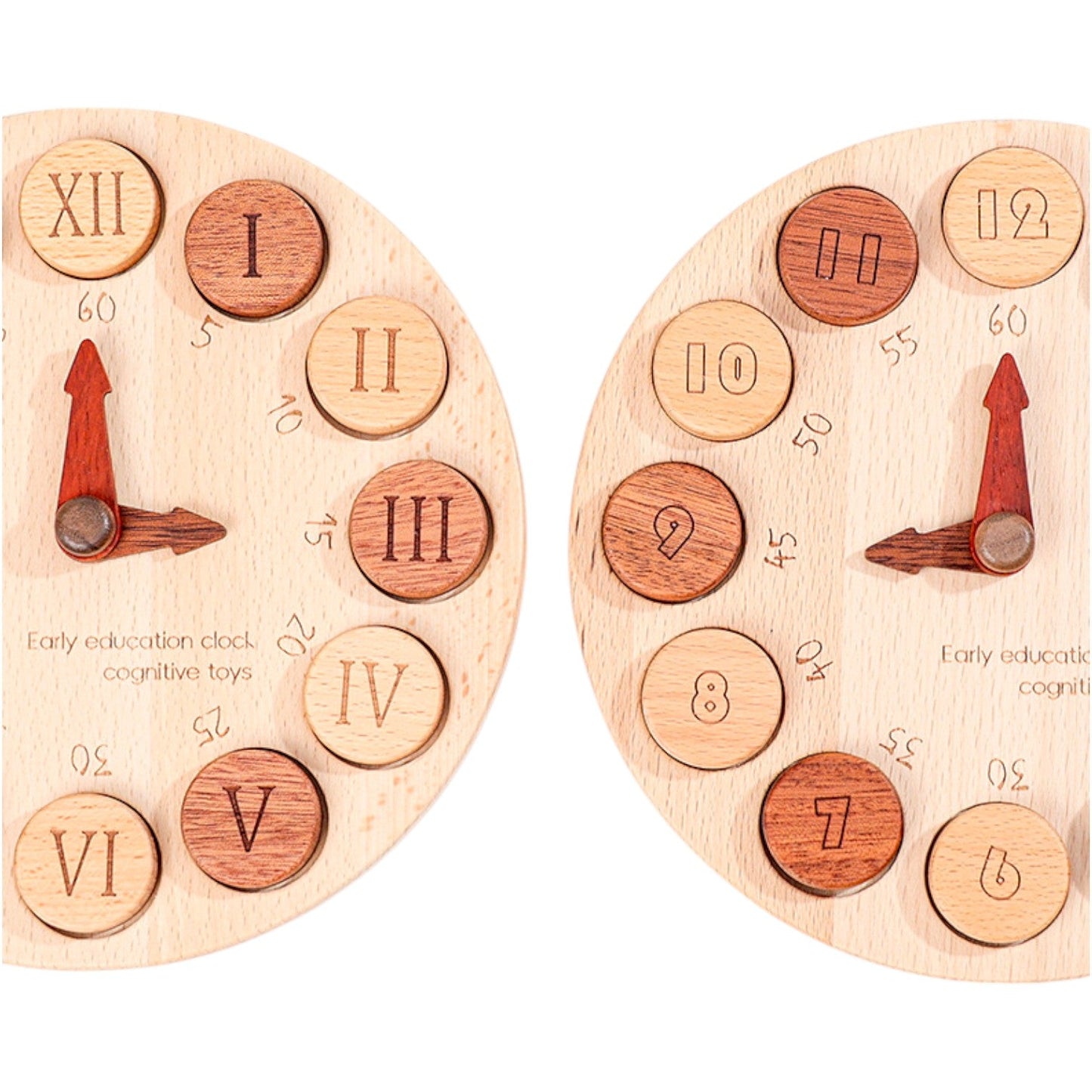 Wooden Cognitive Learning Clock – Dual-Sided Time Recognition Toy with Roman and Arabic Numerals