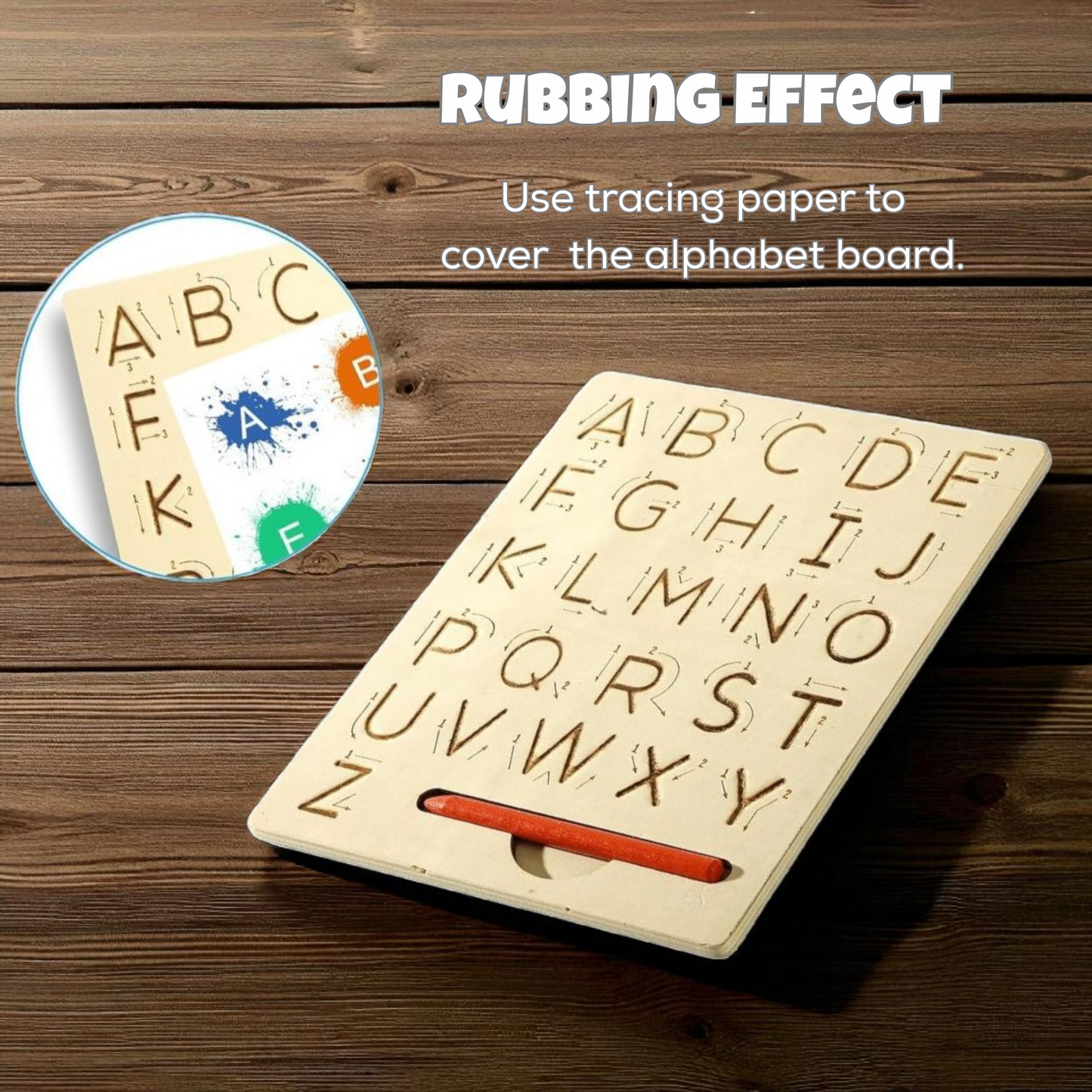 Wooden Tracing Board.- Double-Sided Montessori Handwriting Practice Upper/Lower Alphabet, Numbers, Shapes