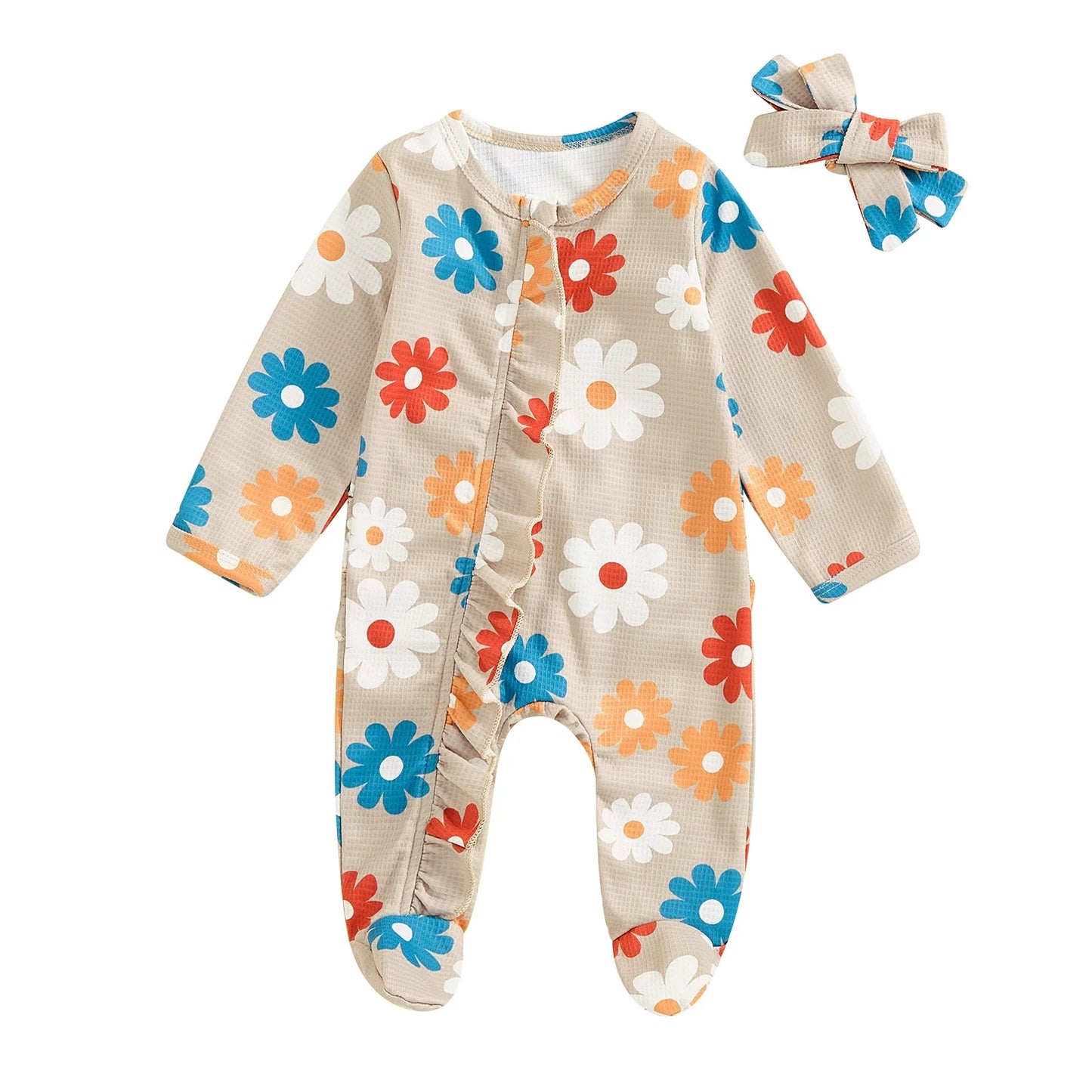 Baby Girls 2Pcs Long Sleeve Strawberry Flower Butterfly Print Frills Zipper Footies Jumpsuit and Headband Romper Set