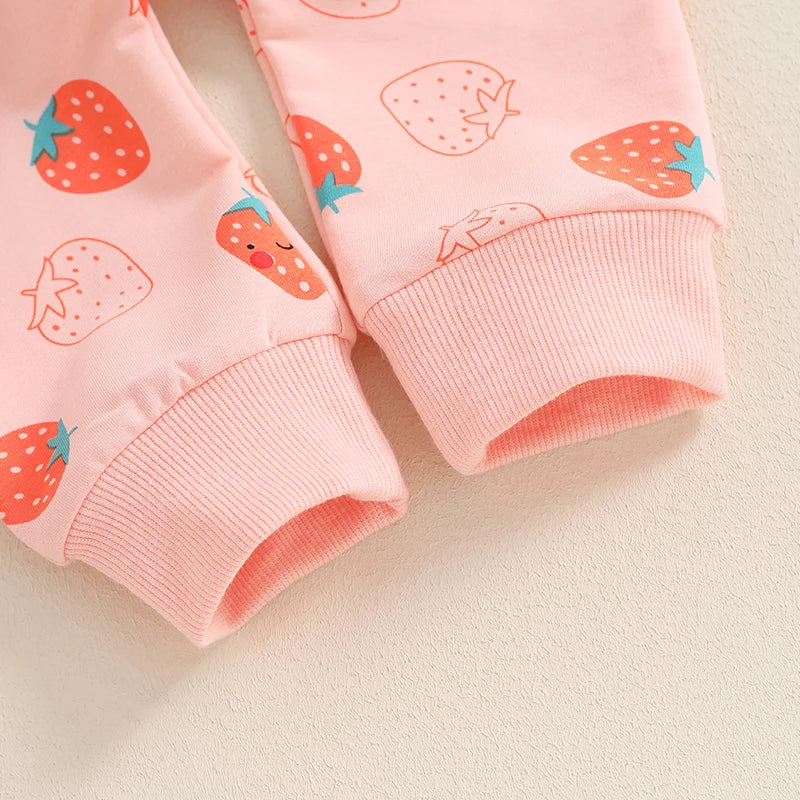 Baby Toddler Girls 2Pcs Fall Strawberry Print Outfit Long Sleeve Top Elastic Waist Pants with Pockets Set