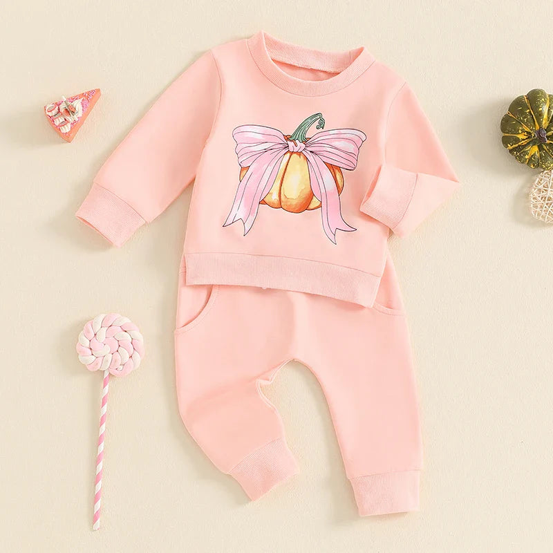 Baby Toddler Girls 2Pcs Halloween Outfit Bow Pumpkin Print Long Sleeve Top and Elastic Pants Set