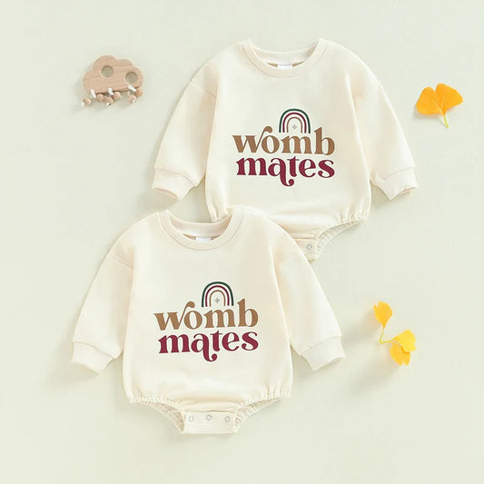 Baby Girls Boys 2Pcs Womb Mates Bubble Rompers Twins Clothes Rainbow Letter Print Long Sleeve Bodysuits