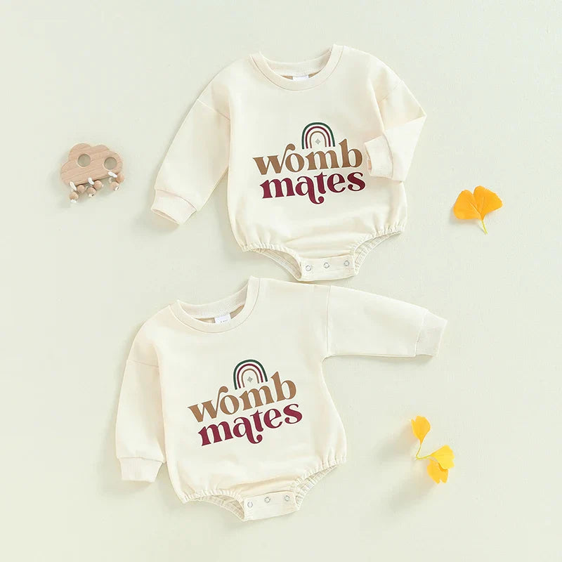 Baby Girls Boys 2Pcs Womb Mates Bubble Rompers Twins Clothes Rainbow Letter Print Long Sleeve Bodysuits
