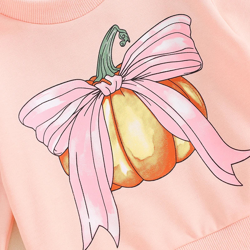 Baby Toddler Girls 2Pcs Halloween Outfit Bow Pumpkin Print Long Sleeve Top and Elastic Pants Set
