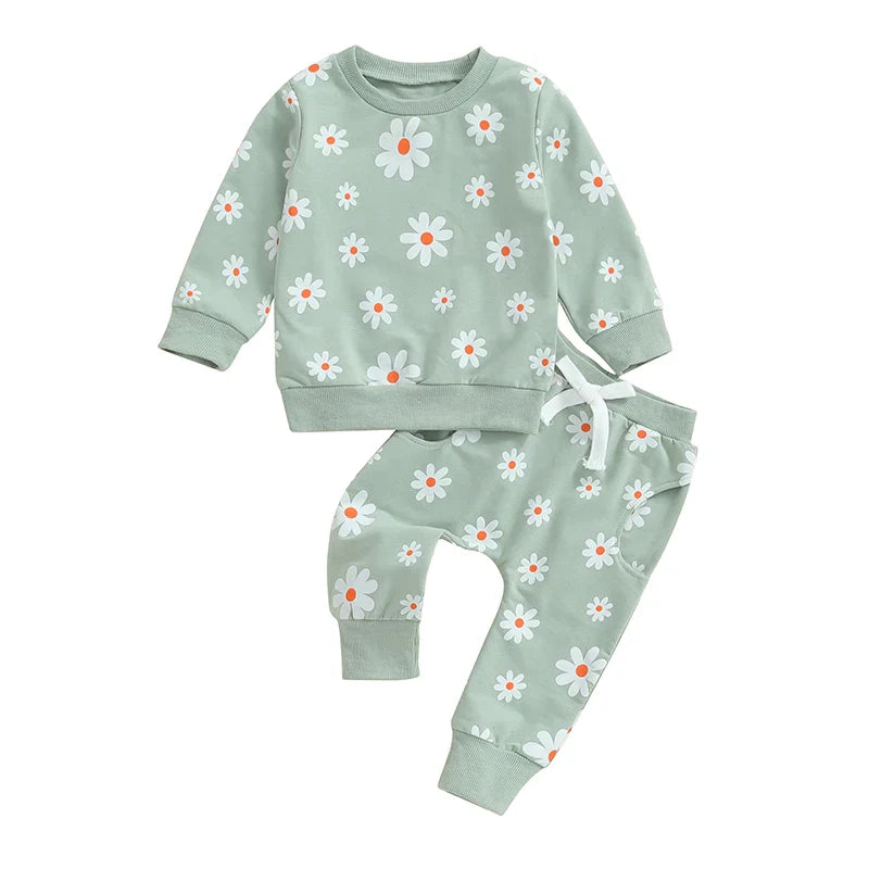 Toddler Kids Girls 2Pcs Fall Outfit Flower Daisy Print Long Sleeve Crewneck Top Elastic Waist Pants with Pockets Set