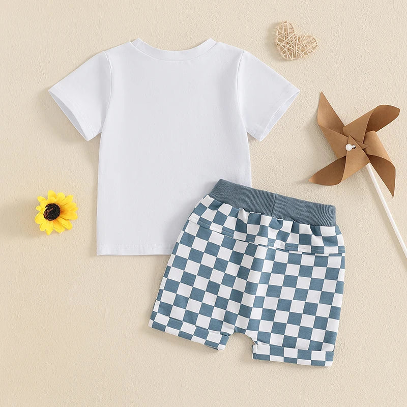 Baby Toddler Boys 2Pcs Dad's Little Dude Summer Outfit Letter Print Short Sleeve T-Shirt Top and Elastic Checkered Print Shorts Set