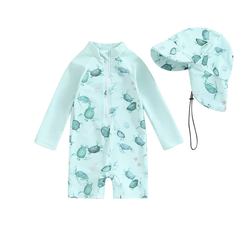Baby Toddler Boy 2Pcs Swimwear Set Dinosaurs / Turtle / Whale Print Long Sleeve Swimsuit Sun Hat Bathing Suit Outfit Set
