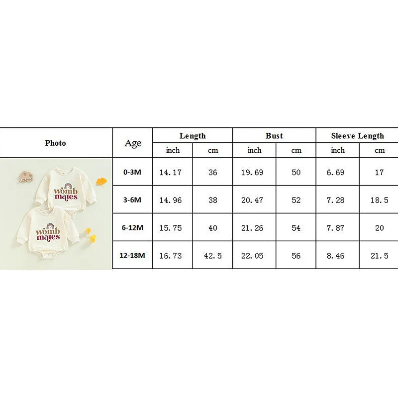 Baby Girls Boys 2Pcs Womb Mates Bubble Rompers Twins Clothes Rainbow Letter Print Long Sleeve Bodysuits