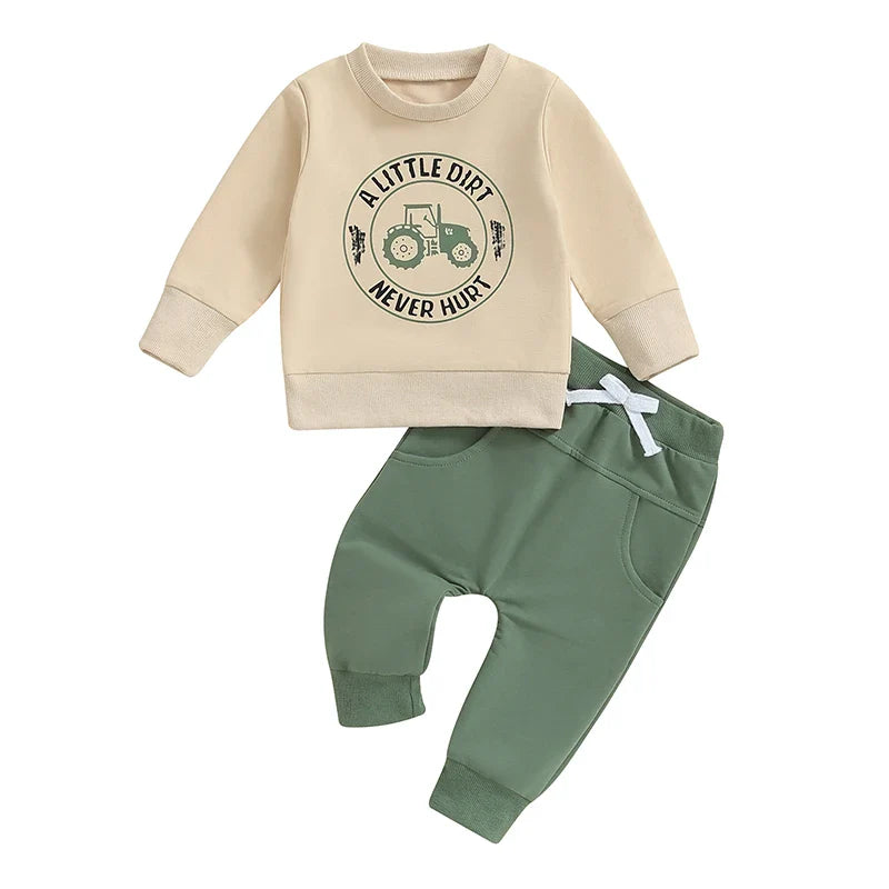 Baby Toddler Boys 2Pcs A Little Dirt Never Hurt/ Just One More Tractor I Promise Fall Outfit Letter Tractor Print Long Sleeve Top and Long Pants Set