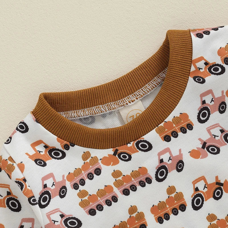 Baby Toddler Boys 2Pcs Halloween Outfit Pumpkin Trailer Tractor Print Long Sleeve Top and Long Pants Fall Set