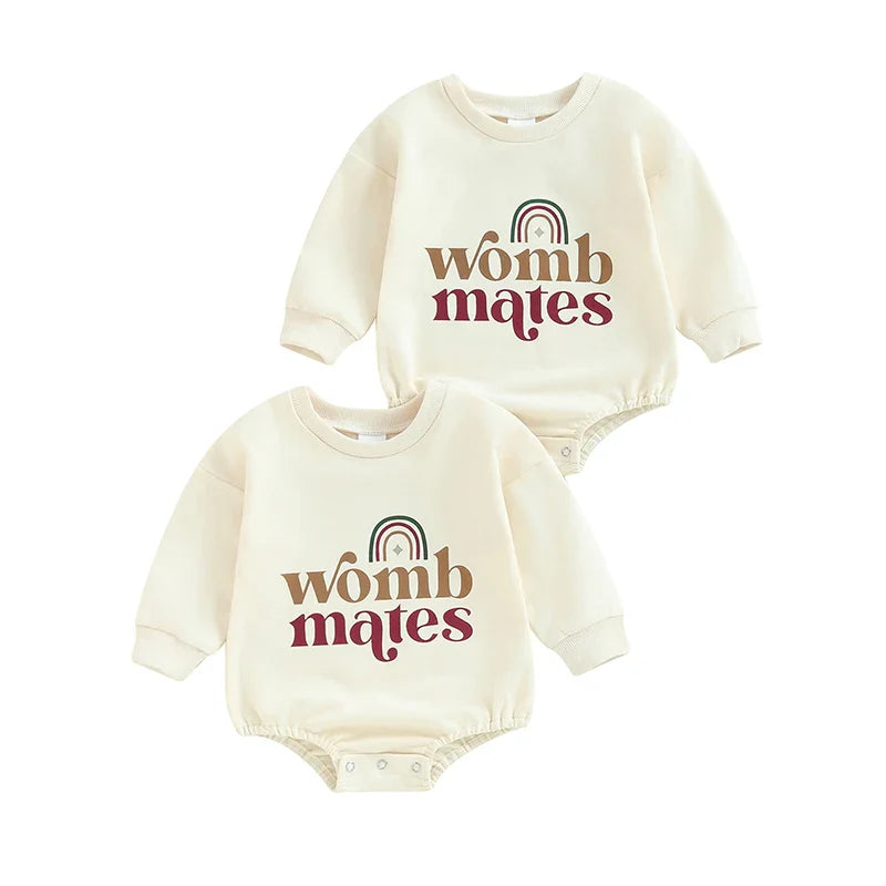 Baby Girls Boys 2Pcs Womb Mates Bubble Rompers Twins Clothes Rainbow Letter Print Long Sleeve Bodysuits