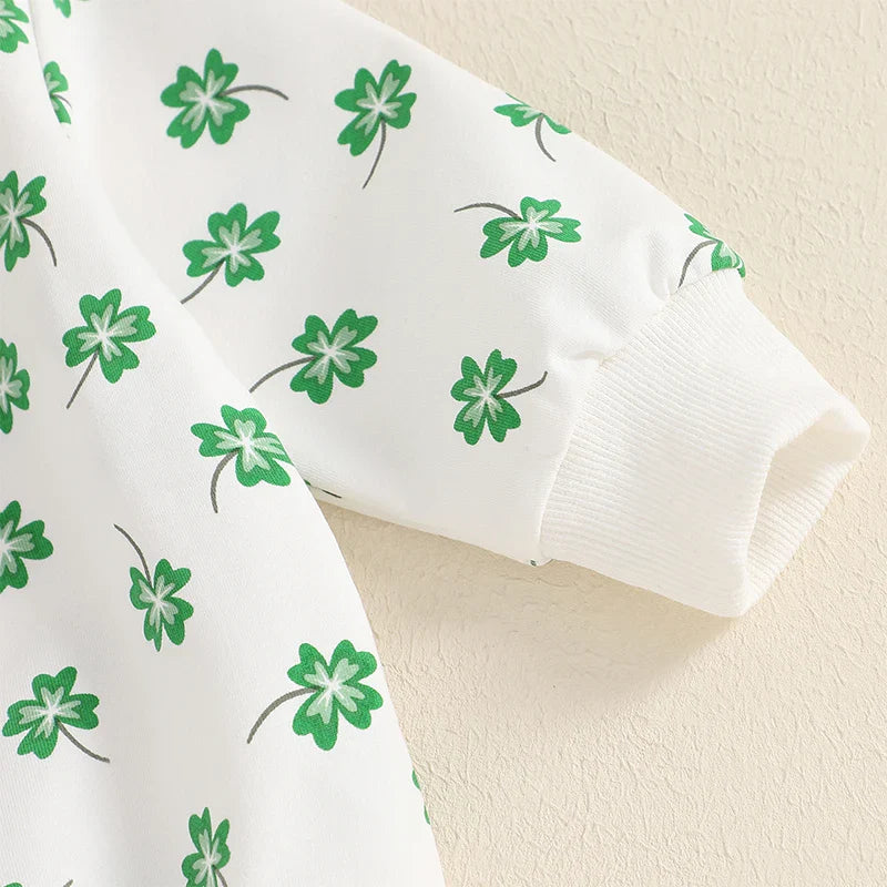 Baby Toddler Girls Boys 2Pcs St. Patrick's Day Outfit Four Leaf Clover Shamrock Print Long Sleeve Crewneck Top and Elastic Pants Jogger Set