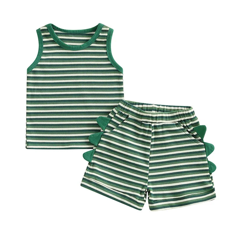 Baby Toddler Boys 2Pcs Striped Dinosaur Outfit O-Neck Sleeveless Tank Top Elastic Waist Shorts with Pockets Set