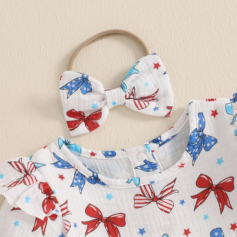 Baby Girl 2Pcs 4th of July Outfit Love Heart Star Pattern Ruffled Crew Neck Short Sleeve Romper & Bow Headband Set