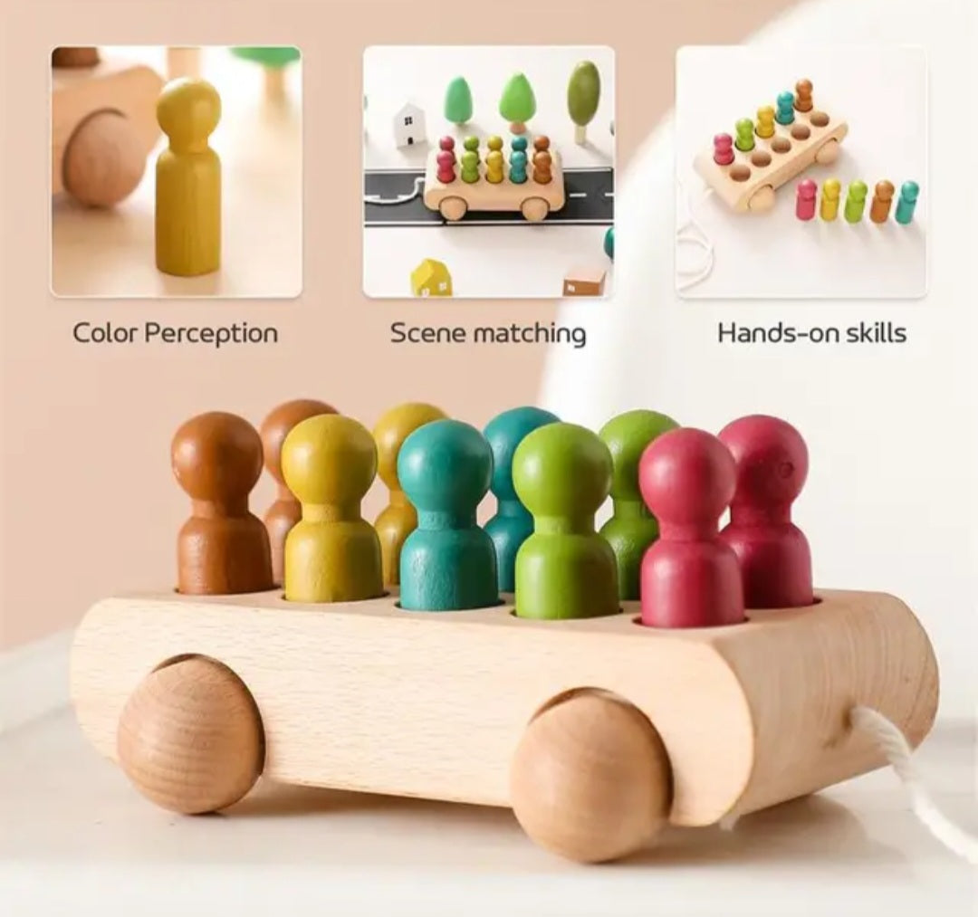 10 Wooden Peg Dolls and Pull Cart