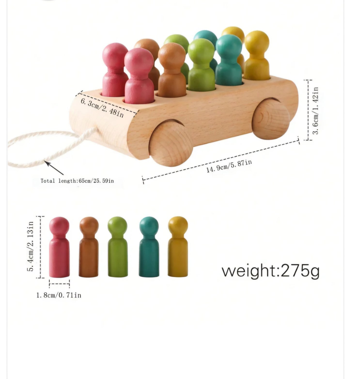 10 Wooden Peg Dolls and Pull Cart