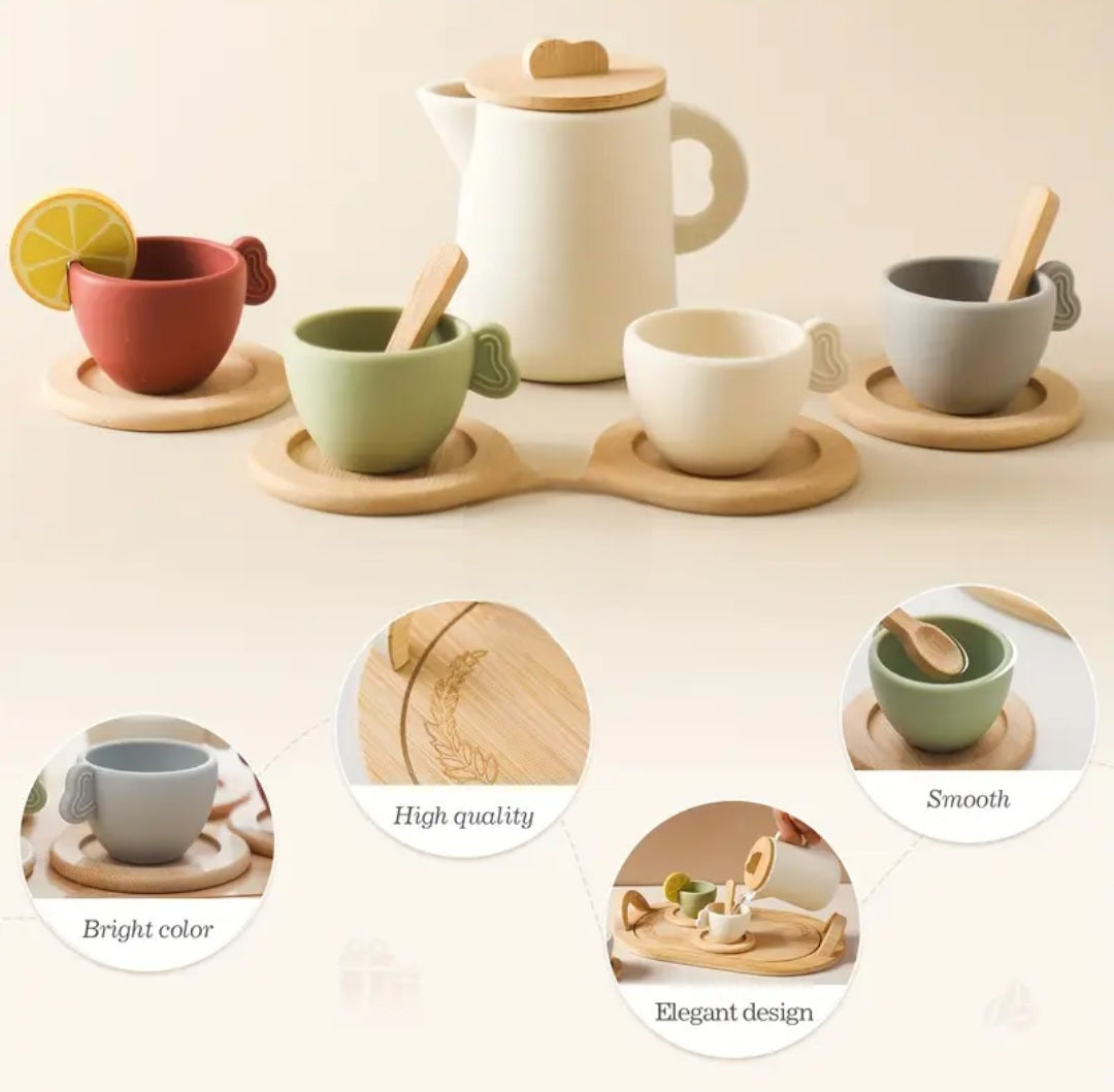 Top Seller! Enchanting Wooden Tea Party Set – Silicone Teapot, Cups & Accessories for Pretend Play