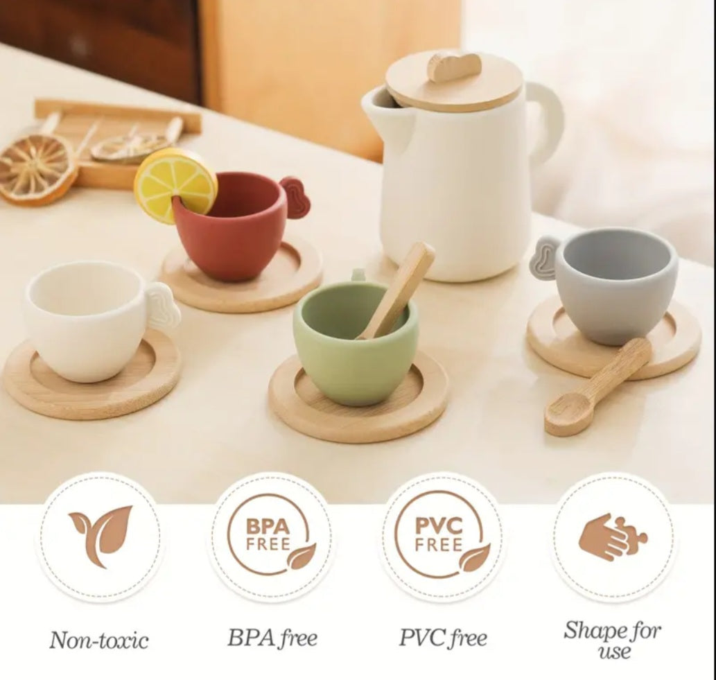 Top Seller! Enchanting Wooden Tea Party Set – Silicone Teapot, Cups & Accessories for Pretend Play