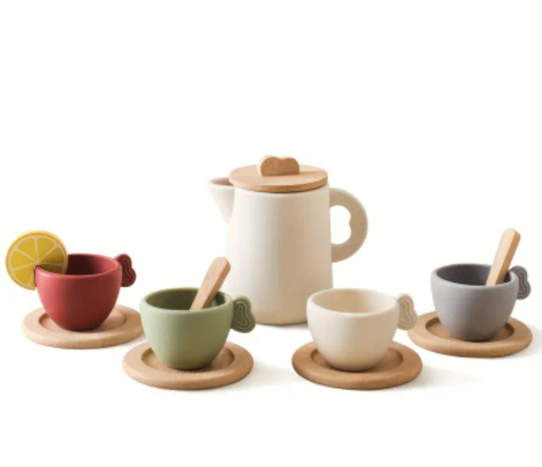 Top Seller! Enchanting Wooden Tea Party Set – Silicone Teapot, Cups & Accessories for Pretend Play