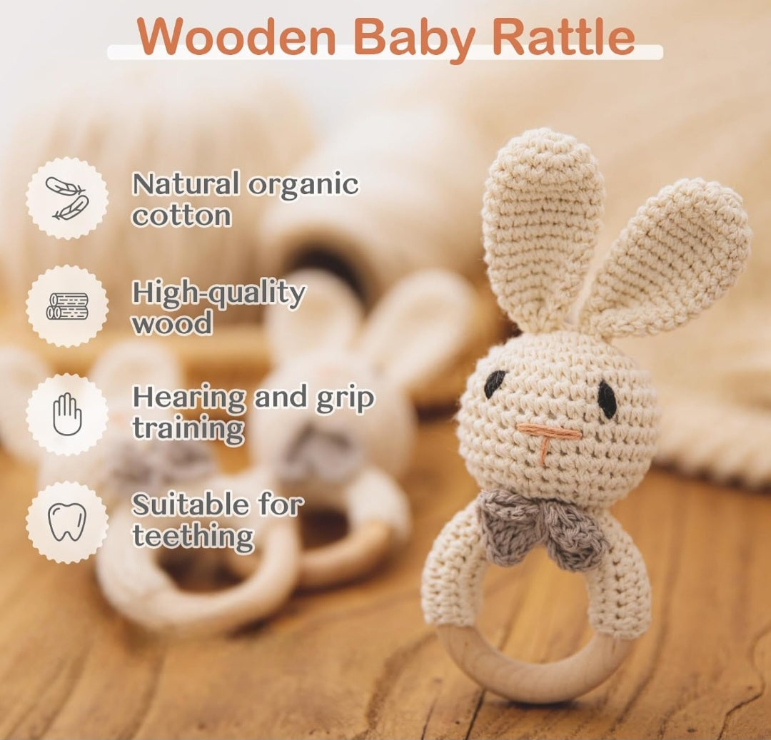 Handmade Wooden Crochet Baby Rattles