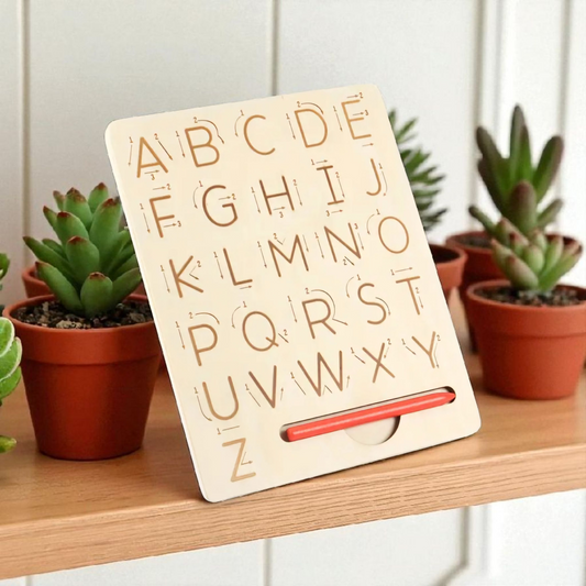 Wooden Tracing Board.- Double-Sided Montessori Handwriting Practice Upper/Lower Alphabet, Numbers, Shapes